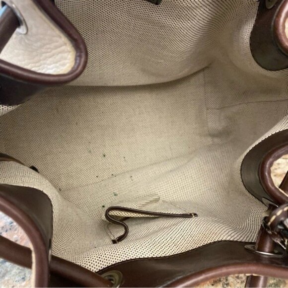 Vintage Dooney & Bourke Leather Drawstring Bucket Bag in Bone color Brown Trim a - Picture 9 of 15